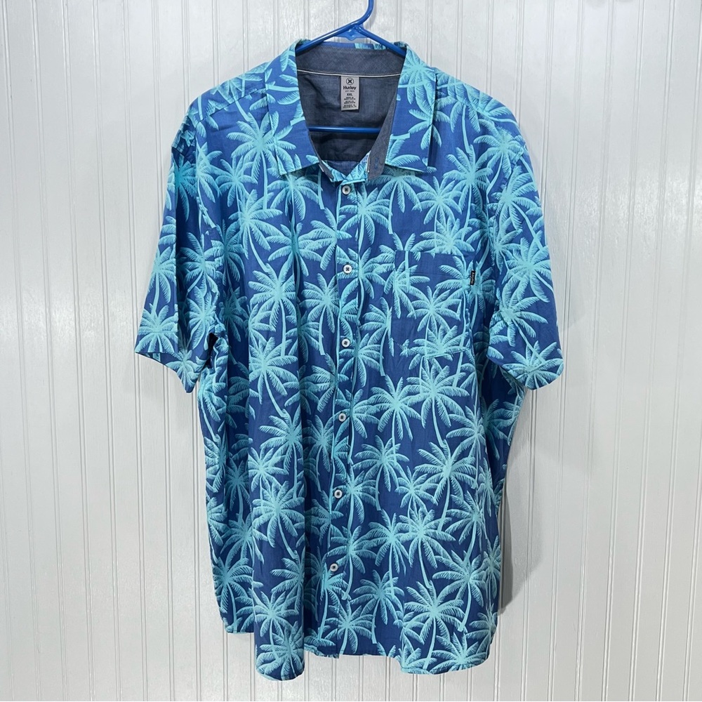 Hurley Men’s XXL Tropical Palm Tree Short Sleeve Button Down Shirt Blue Stretch